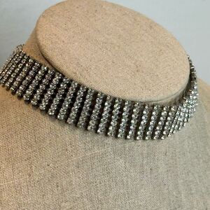 Vintage Seven Row Rhinestone Gatsby Adjustable Clasp Silver Tone Choker Necklace
